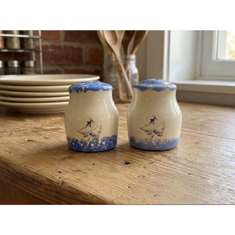 Vintage Blue & White Spongeware Goose Salt and Pepper Shakers